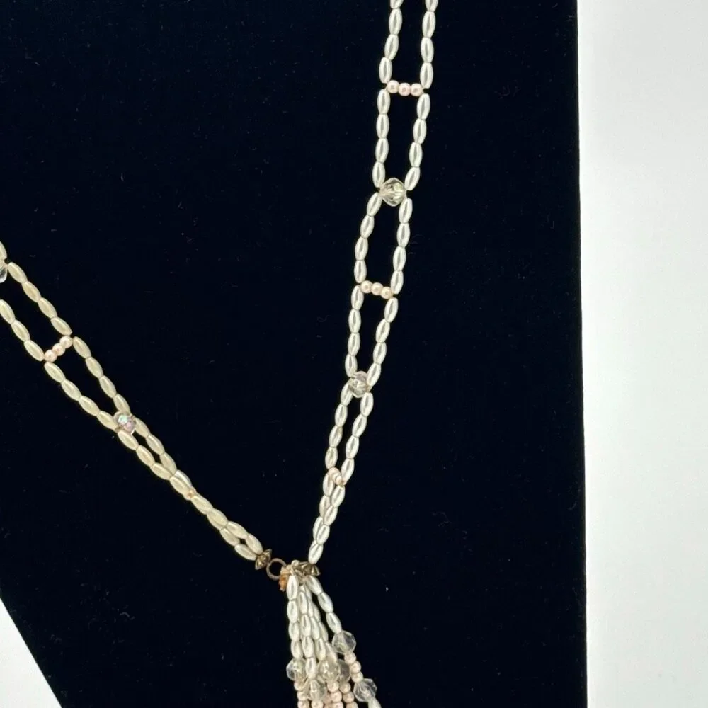 Vintage 1950s Faux Pearl Crystal Tassel Necklace Double Strand Mid Century State
